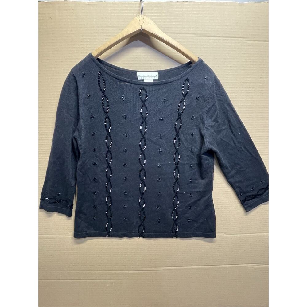 Grace Collection Silk Cashmere Beaded Sweater L Charcoal 3/4 Sleeve Knit Top